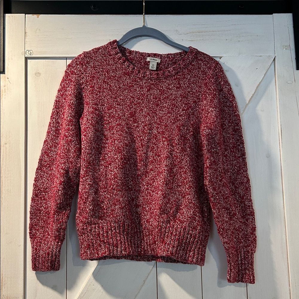 LL Bean XS Marled Red & White Knit Pullover Crewneck Sweater Petite 100% Cotton